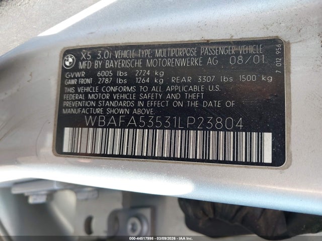 2001 Bmw X5 3.0 მანქანა იყიდება აუქციონზე, vin: WBAFA53531LP23804, აუქციონის ნომერი: 44517998