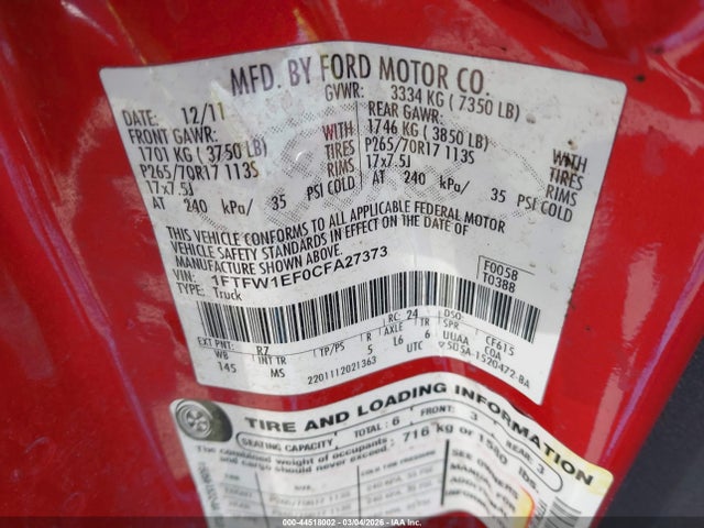 Aukcja sprzedaży 2012 Ford F-150 Xlt, vin: 1FTFW1EF0CFA27373, numer aukcji: 44518002
