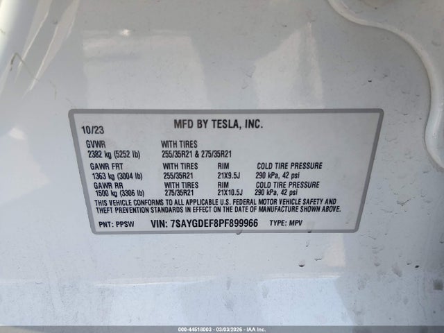 Продаж на аукціоні авто 2023 Tesla Model Y Performance Dual Motor All-wheel Drive, vin: 7SAYGDEF8PF899966, номер лоту: 44518003