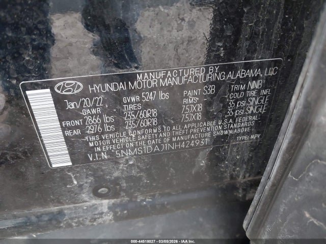 Продаж на аукціоні авто 2022 Hyundai Santa Fe Se, vin: 5NMS1DAJ1NH424931, номер лоту: 44518027