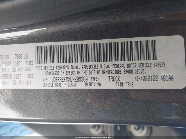 44518045 :رقم المزاد ، 1C6RREFMXLN289360 vin ، 2020 Ram 1500 Big Horn  4x2 5'7 Box مزاد بيع