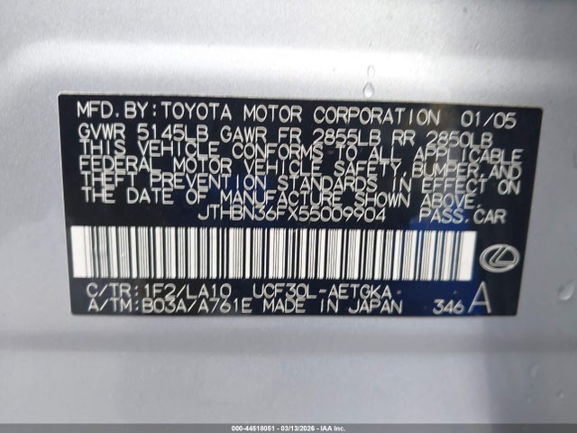 44518051 :رقم المزاد ، JTHBN36FX55009904 vin ، 2005 Lexus Ls 430 مزاد بيع