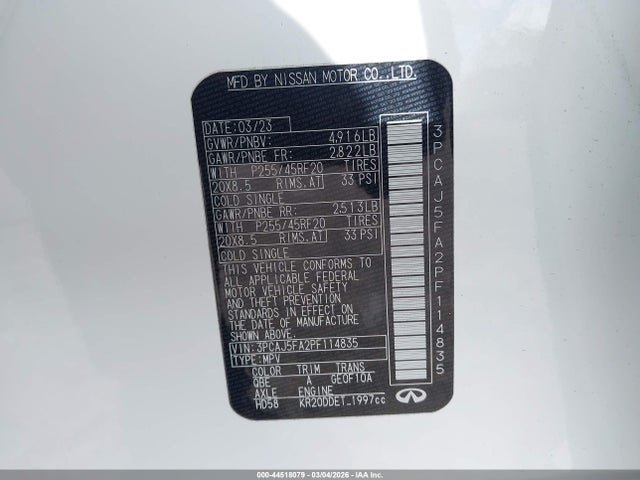 44518079 :رقم المزاد ، 3PCAJ5FA2PF114835 vin ، 2023 Infiniti Qx50 Sport مزاد بيع