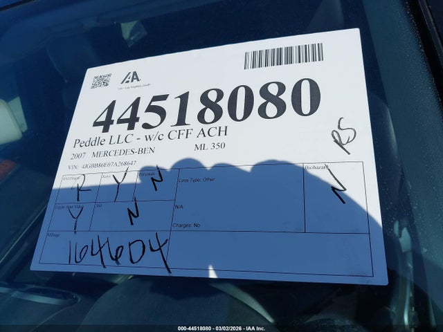 Auction sale of the 2007 Mercedes-benz Ml 350 4matic, vin: 4JGBB86E07A268647, lot number: 44518080