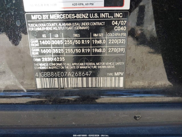 Auction sale of the 2007 Mercedes-benz Ml 350 4matic, vin: 4JGBB86E07A268647, lot number: 44518080