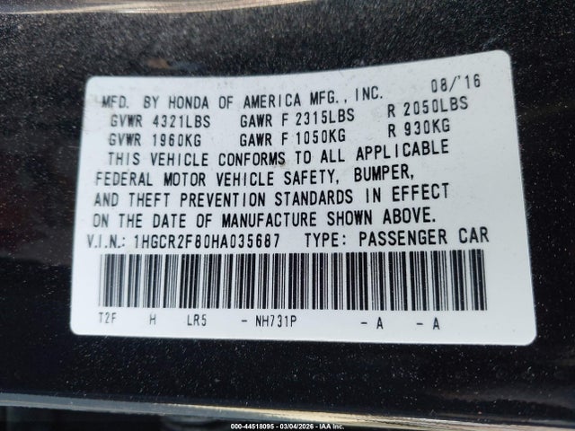 Honda Accord Ex-l 2017 1HGCR2F80HA035687 Image 9