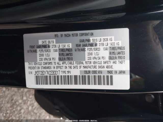 Aukcja sprzedaży 2019 Mazda Cx-9 Grand Touring, vin: JM3TCBDY7K0330017, numer aukcji: 44518102