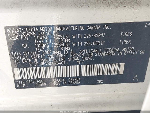 44518104 :رقم المزاد ، 2T3P1RFV6NC264041 vin ، 2022 Toyota Rav4 Xle مزاد بيع