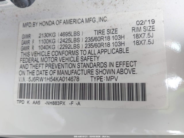 Продаж на аукціоні авто 2019 Honda Cr-v Ex, vin: 5J6RW1H54KA014678, номер лоту: 44518121