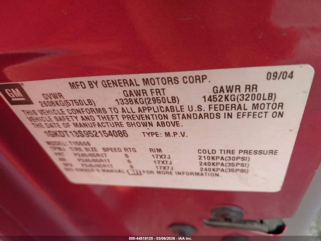 Продаж на аукціоні авто 2005 Gmc Envoy Sle, vin: 1GKDT13S952154086, номер лоту: 44518125