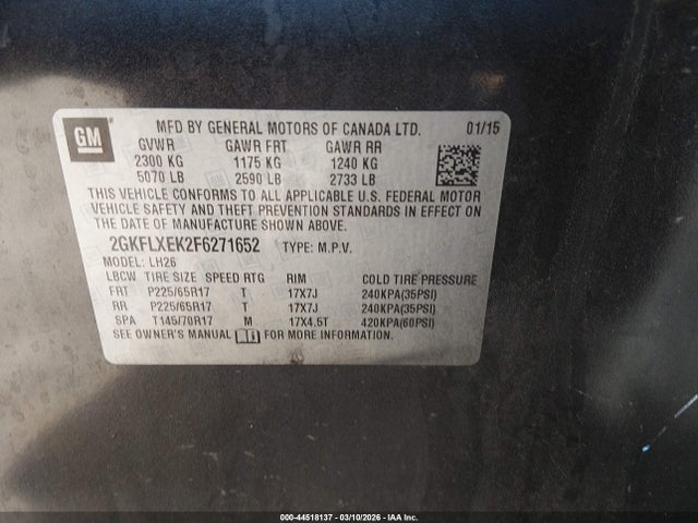 Aukcja sprzedaży 2015 Gmc Terrain Slt-1, vin: 2GKFLXEK2F6271652, numer aukcji: 44518137