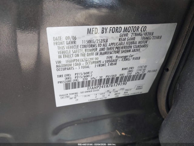 2007 Ford Five Hundred Sel მანქანა იყიდება აუქციონზე, vin: 1FAHP241X7G129190, აუქციონის ნომერი: 44518144