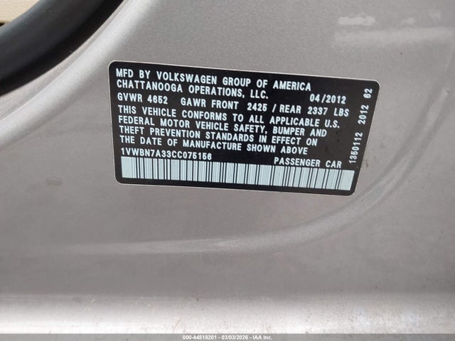 Aukcja sprzedaży 2012 Volkswagen Passat 2.0l Tdi Se, vin: 1VWBN7A33CC075156, numer aukcji: 44518201