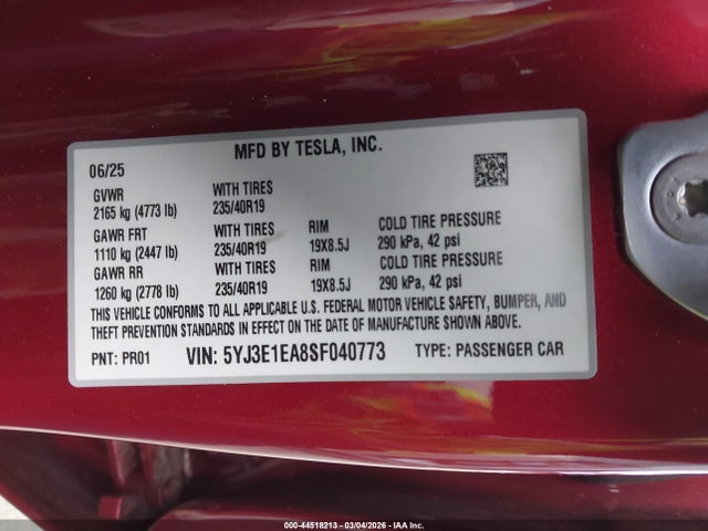 Продажа на аукционе авто 2025 Tesla Model 3 Long Range Rear-wheel Drive/standard Rear-wheel Drive, vin: 5YJ3E1EA8SF040773, номер лота: 44518213
