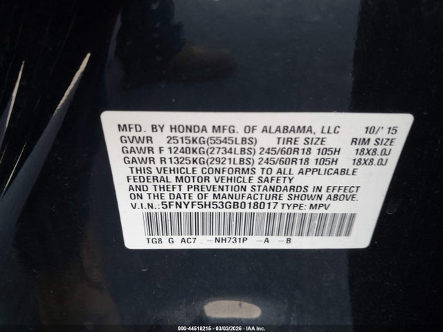 Honda Pilot Ex-l 2016 5FNYF5H53GB018017 Image 9