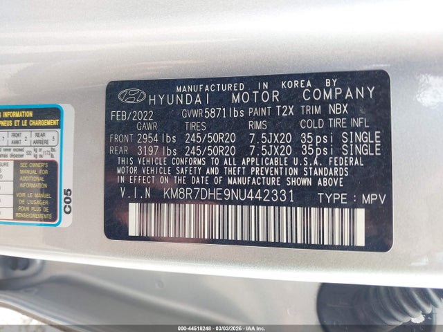 Продаж на аукціоні авто 2022 Hyundai Palisade Calligraphy, vin: KM8R7DHE9NU442331, номер лоту: 44518248