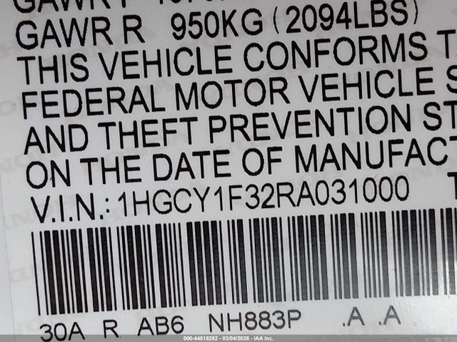 1HGCY1F32RA031000 Honda ACCORD EX
