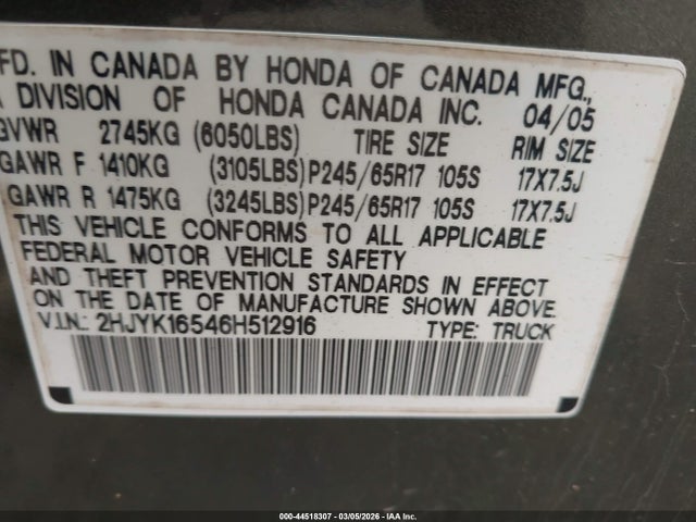 2006 Honda Ridgeline Rtl მანქანა იყიდება აუქციონზე, vin: 2HJYK16546H512916, აუქციონის ნომერი: 44518307