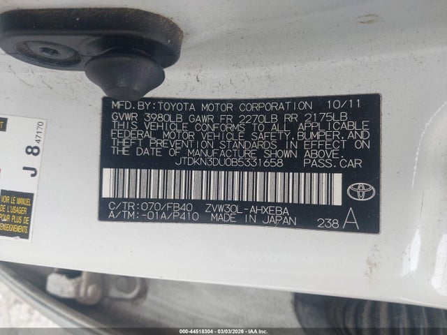 44518304 :رقم المزاد ، JTDKN3DU0B5331658 vin ، 2011 Toyota Prius Three مزاد بيع