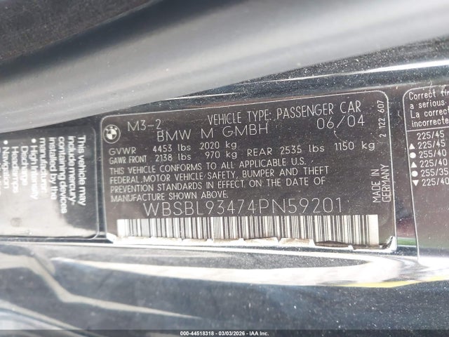 Aukcja sprzedaży 2004 Bmw M3, vin: WBSBL93474PN59201, numer aukcji: 44518318