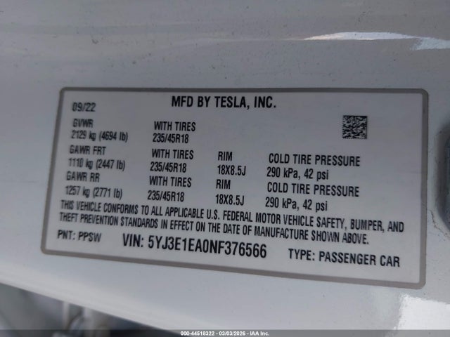 44518322 :رقم المزاد ، 5YJ3E1EA0NF376566 vin ، 2022 Tesla Model 3 Rear-wheel Drive مزاد بيع