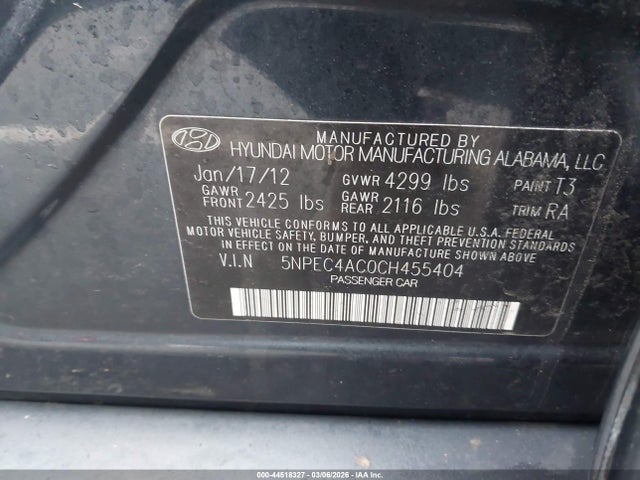 Aukcja sprzedaży 2012 Hyundai Sonata Limited, vin: 5NPEC4AC0CH455404, numer aukcji: 44518327