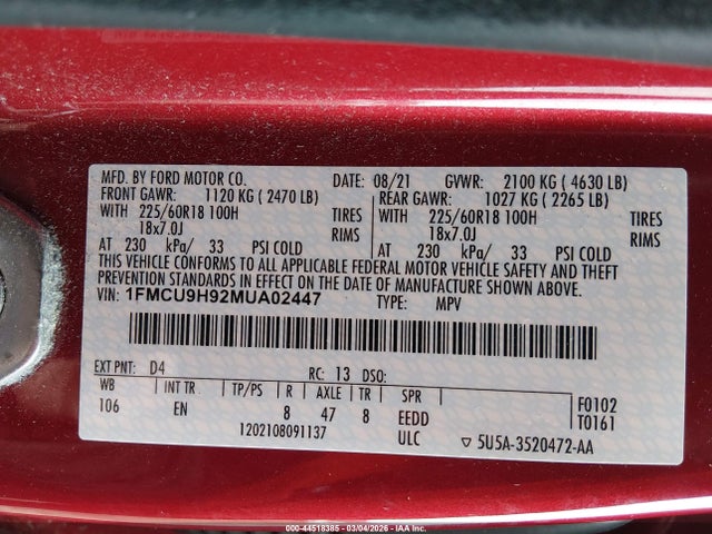 Продажа на аукционе авто 2021 Ford Escape Sel, vin: 1FMCU9H92MUA02447, номер лота: 44518385