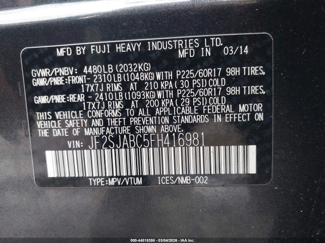 44518398 :رقم المزاد ، JF2SJABC5FH416981 vin ، 2015 Subaru Forester 2.5i مزاد بيع