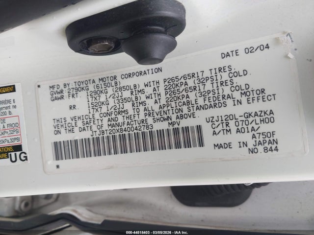 Auction sale of the 2004 Lexus Gx 470, vin: JTJBT20X840042783, lot number: 44518403