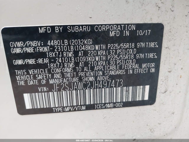 44518407 :رقم المزاد ، JF2SJAWC2JH497473 vin ، 2018 Subaru Forester 2.5i Touring مزاد بيع