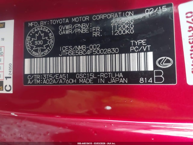 44518410 :رقم المزاد ، JTHSE5BC4F5002830 vin ، 2015 Lexus Rc 350 مزاد بيع