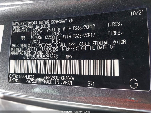 Aukcja sprzedaży 2022 Toyota 4runner Sr5 Premium, vin: JTEFU5JR3N5257443, numer aukcji: 44518413