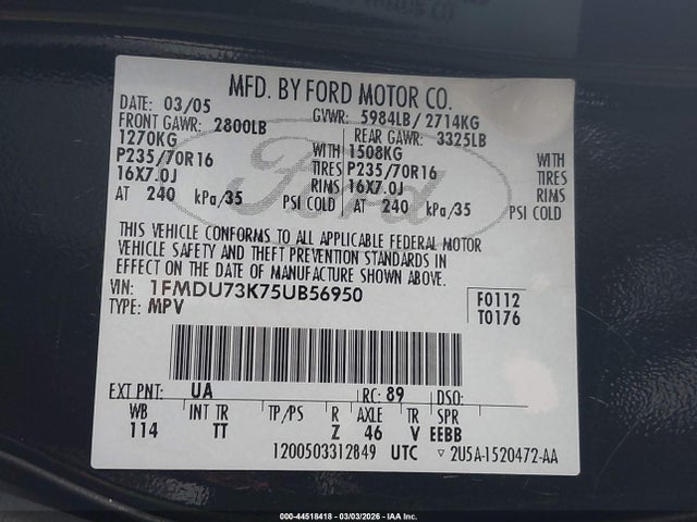 2005 Ford Explorer Xlt/xlt Sport მანქანა იყიდება აუქციონზე, vin: 1FMDU73K75UB56950, აუქციონის ნომერი: 44518418