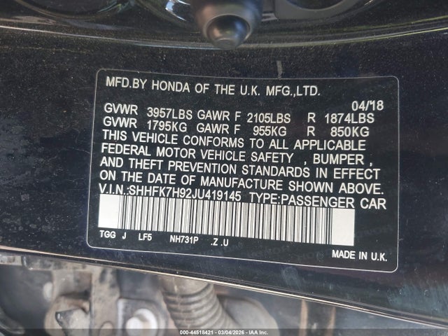 SHHFK7H92JU419145 Honda Civic Sport Touring