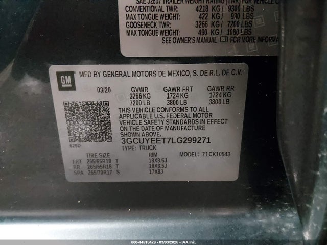 3GCUYEET7LG299271 Chevrolet Silverado 1500 4wd Short Bed Rst