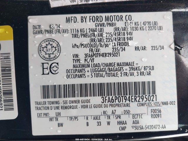 Ford FUSION SE 2014 3FA6P0T94ER295021 Image 9