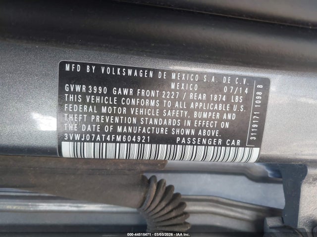 2015 Volkswagen Beetle 1.8t მანქანა იყიდება აუქციონზე, vin: 3VWJ07AT4FM604921, აუქციონის ნომერი: 44518471