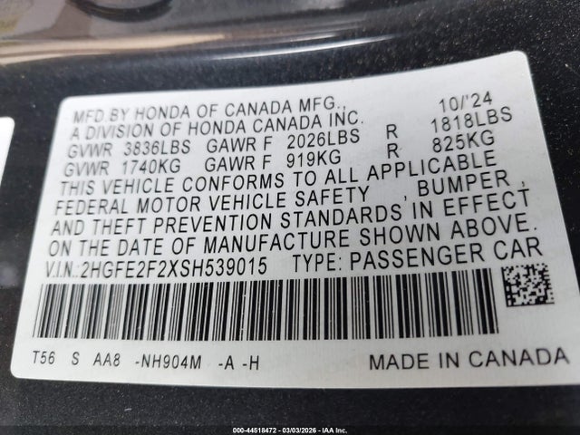 44518472 :رقم المزاد ، 2HGFE2F2XSH539015 vin ، 2025 Honda Civic Lx مزاد بيع