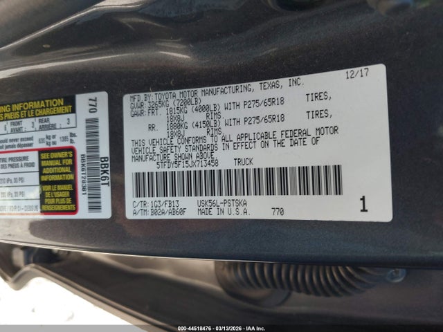 44518476 :رقم المزاد ، 5TFDY5F15JX713458 vin ، 2018 Toyota Tundra Sr5 5.7l V8 مزاد بيع