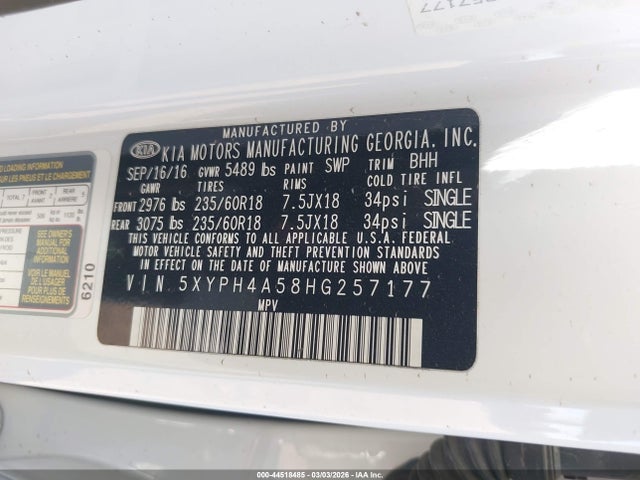 5XYPH4A58HG257177 KIA Sorento 3.3l Ex