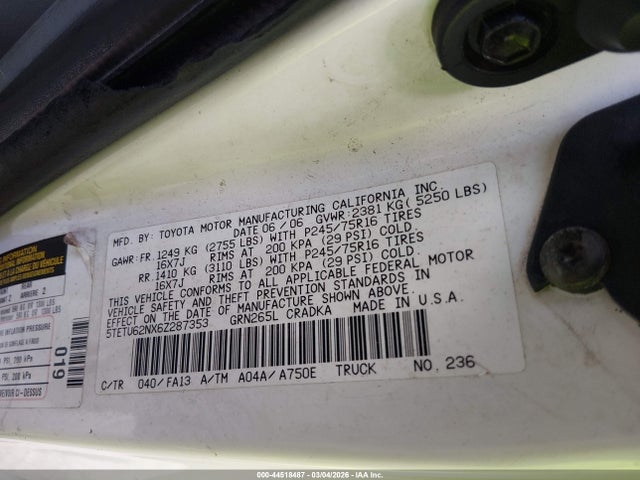44518487 :رقم المزاد ، 5TETU62NX6Z287353 vin ، 2006 Toyota Tacoma Prerunner V6 مزاد بيع