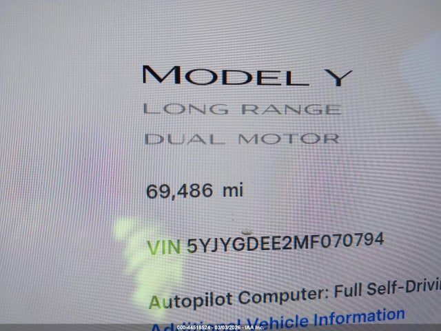 Продаж на аукціоні авто 2021 Tesla Model Y Long Range Dual Motor All-wheel Drive, vin: 5YJYGDEE2MF070794, номер лоту: 44518524