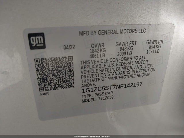 1G1ZC5ST7NF142197 Chevrolet Malibu Fwd 1fl