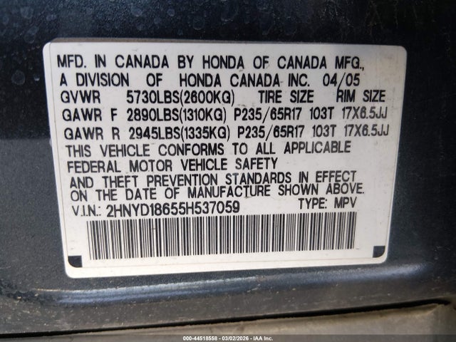 Продаж на аукціоні авто 2005 Acura Mdx, vin: 2HNYD18655H537059, номер лоту: 44518558