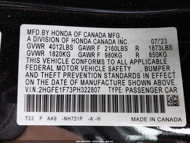 Honda Civic Ex/ex W/o Bsi 2023 2HGFE1F73PH322807 Image 9