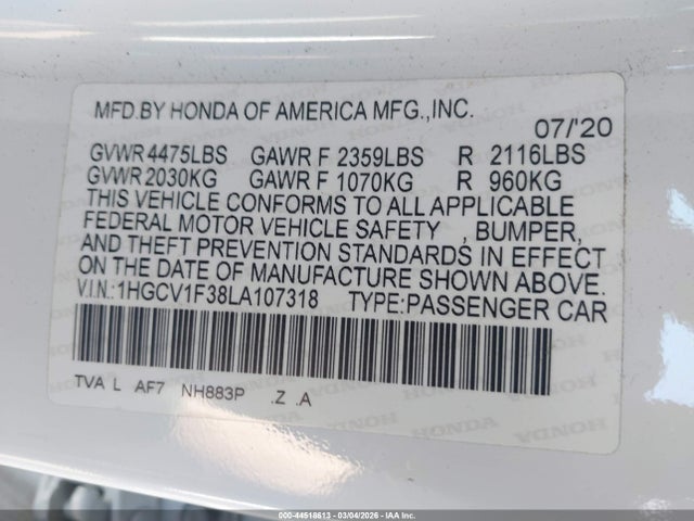 1HGCV1F38LA107318 Honda Accord Sport