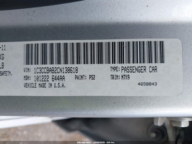 44518627 :رقم المزاد ، 1C3CCBAB2CN138618 vin ، 2012 Chrysler 200 Lx مزاد بيع