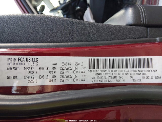 2018 Dodge Durango Sxt Awd მანქანა იყიდება აუქციონზე, vin: 1C4RDJAG1JC198360, აუქციონის ნომერი: 44518631