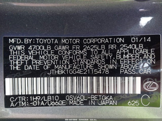 Продажа на аукционе авто 2014 Lexus Es 350, vin: JTHBK1GG4E2115478, номер лота: 44518648