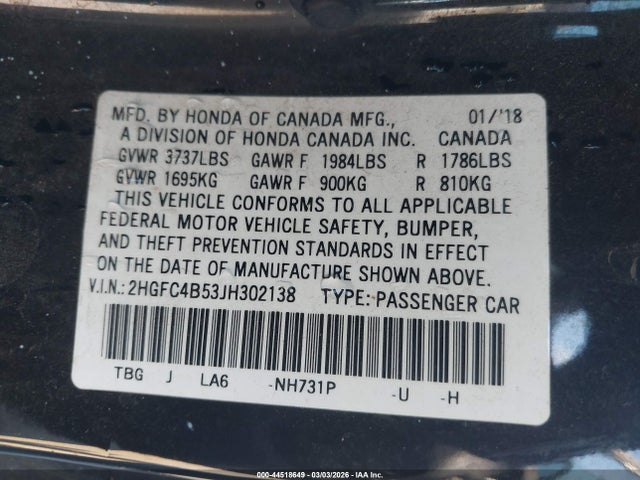 2HGFC4B53JH302138 Honda Civic Lx